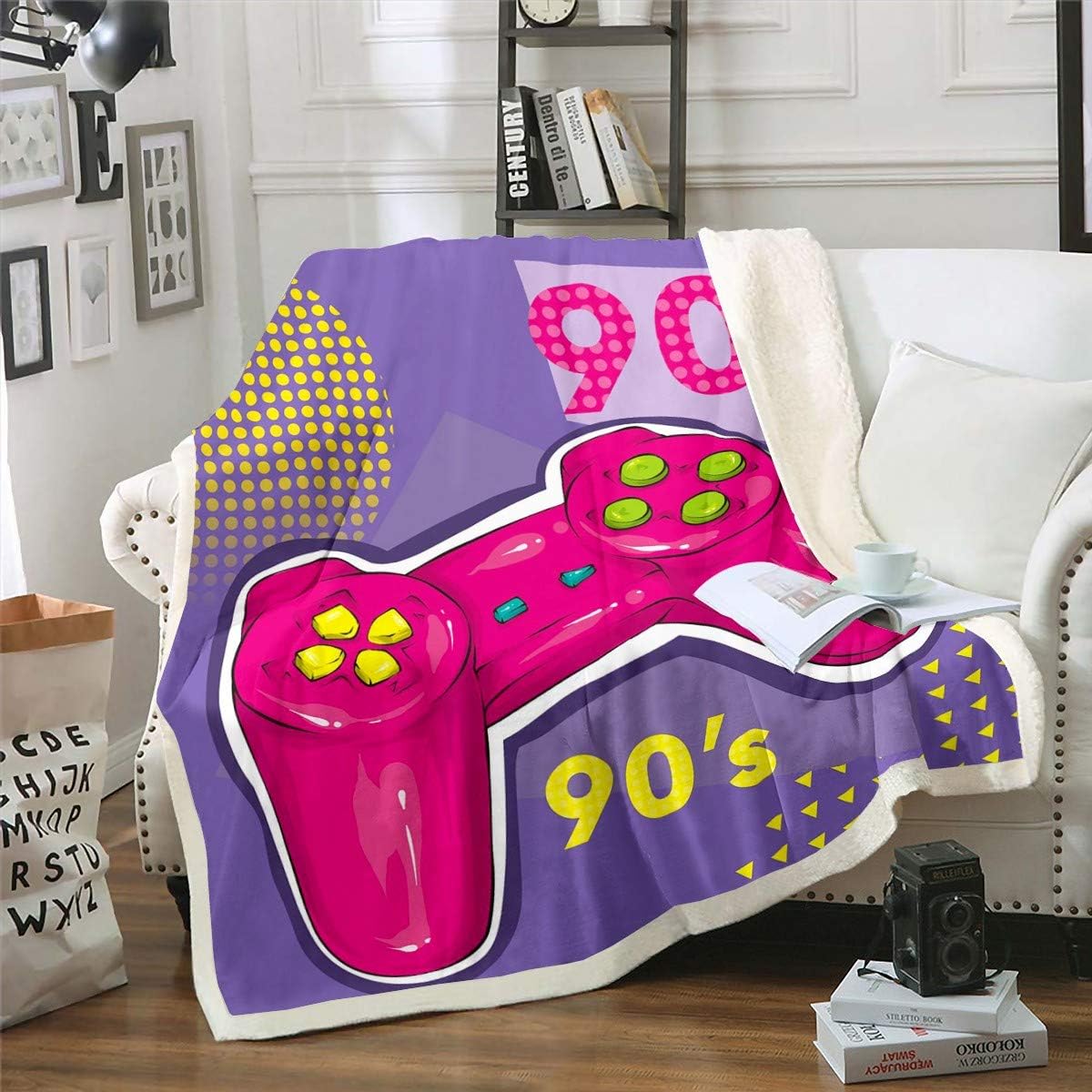3D Pink Gamepad Fleece Blanket Set 90S Games Sherpa Blanket
