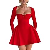 YMDUCH Women's Sexy Long Sleeve Sweetheart Neck A-line Ruffle Hem Party Club Mini Dress