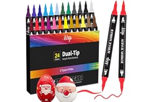 24 Colors Acrylic Paint Pens, Dual Tip Pens With Medium Tip and Brush Tip for Rock Painting, Ceramic, Wood, Plastic, Calligra