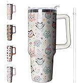 Kearscupra 40 oz Owl Tumbler with Handle and Straw, Insulated Stainless Steel Cup with Lid, Travel Coffee Mug Water Bottle, Animal Lovers Women Gifts