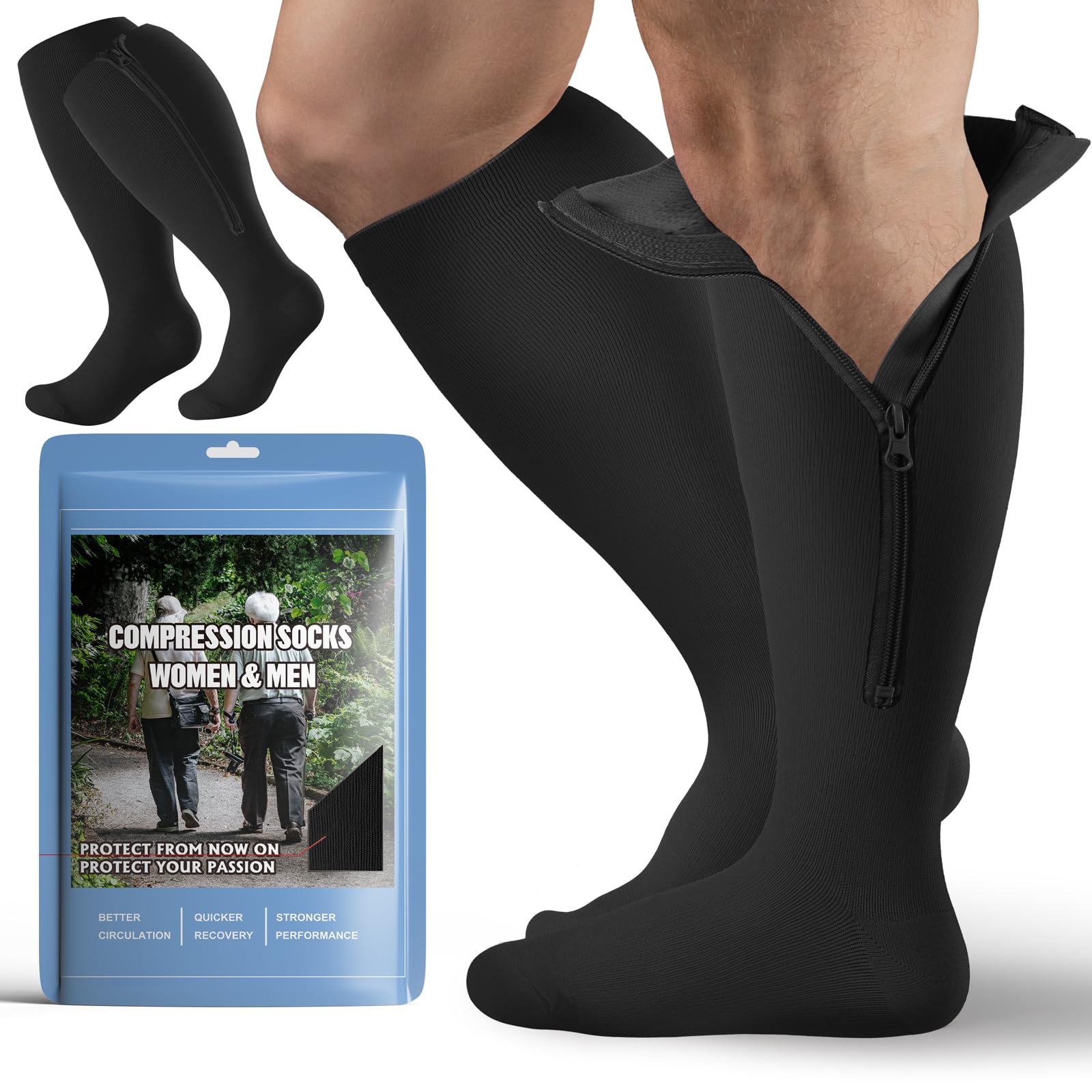 Photo 1 of 2 Pair Plus Size Closed Toe Compression Socks with Zipper, Compression Stockings for Overweight Women Men 15-20 mmHg