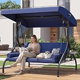 Aoxun Outdoor Porch Swing with Stand and Canopy, 3 Seats Outdoor Swings for Adults, Convertible 2 in 1 Swing Bed with Cup Holder, Patio Swings with Thicken Cushions for Garden, Yard &amp; Balcony, Blue