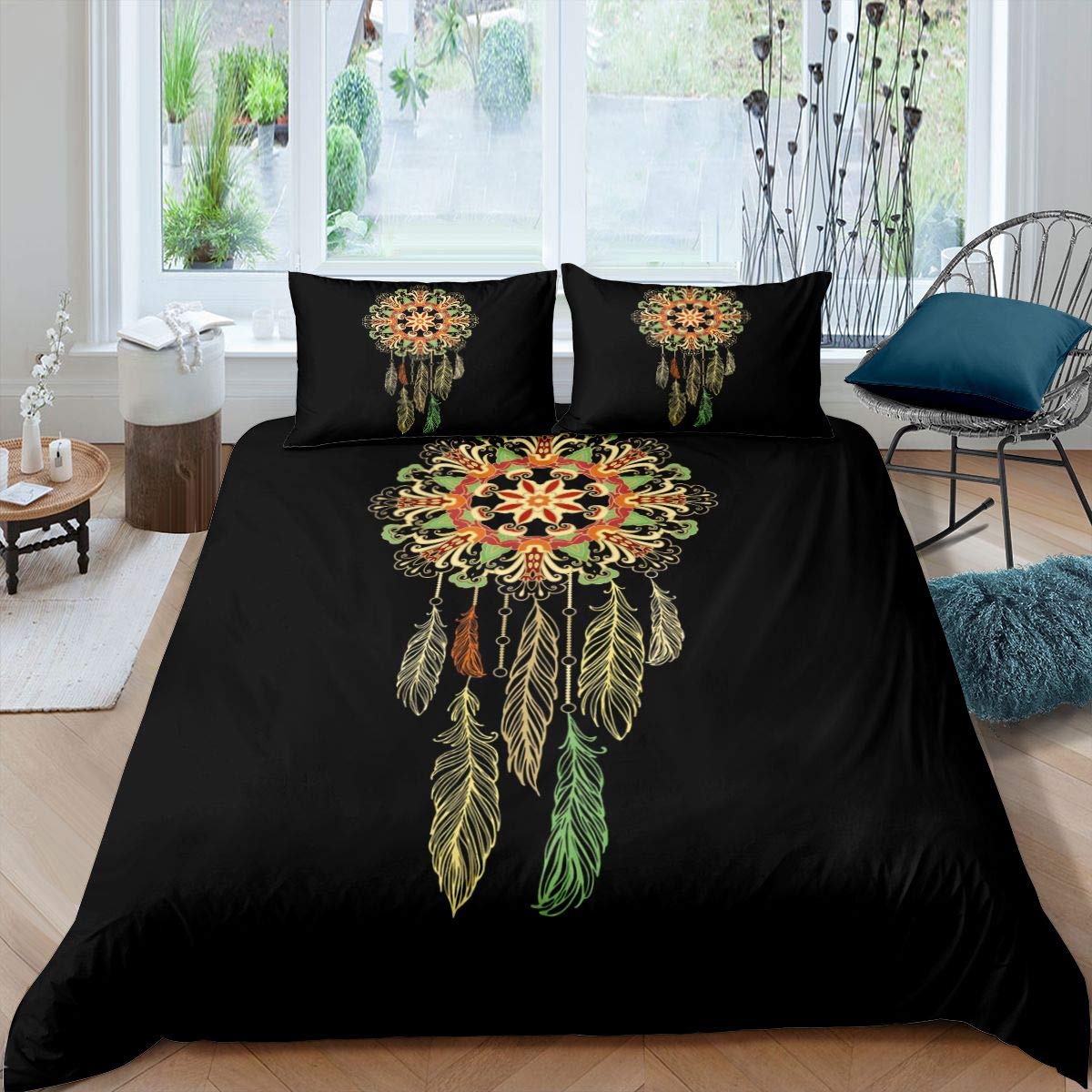 Homemissing Dreamcatcher Bedding Set for Girls Boys Boho Dream Catcher Comforter Cover Indian Feather Duvet Cover Tribal Elements Dark Bedding & Linen Single Bedding 2Pcs