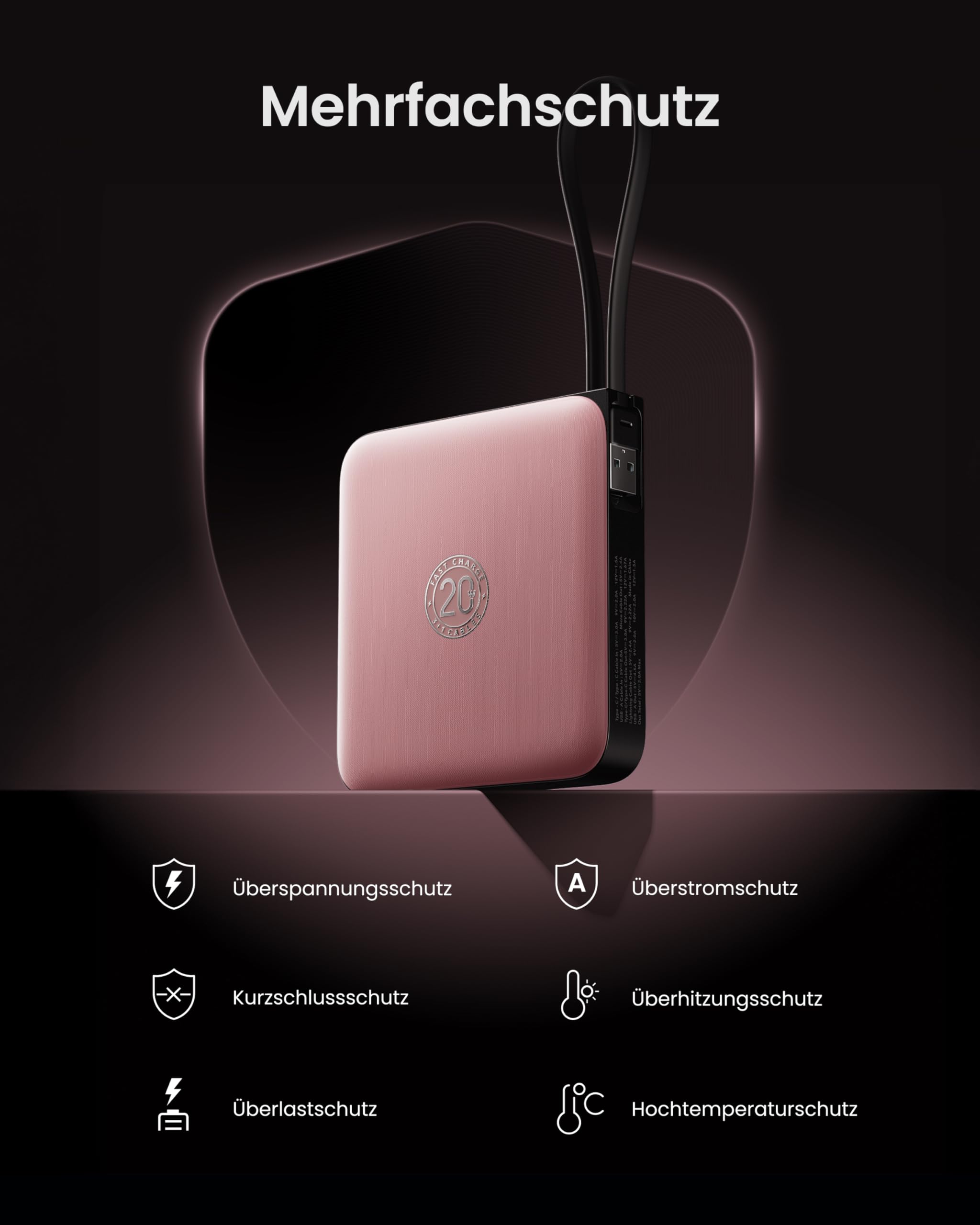 Coowisty Powerbank 22,5W Power Bank mit Kabel 20000mAh USB-C Schnellladung Klein Externe Handyakkus & LED-Display Mini Tragbares Ladegerät Kompatibel mit iPhone 17 16 15 Xiaomi Samsung iPad (Rosa) 7