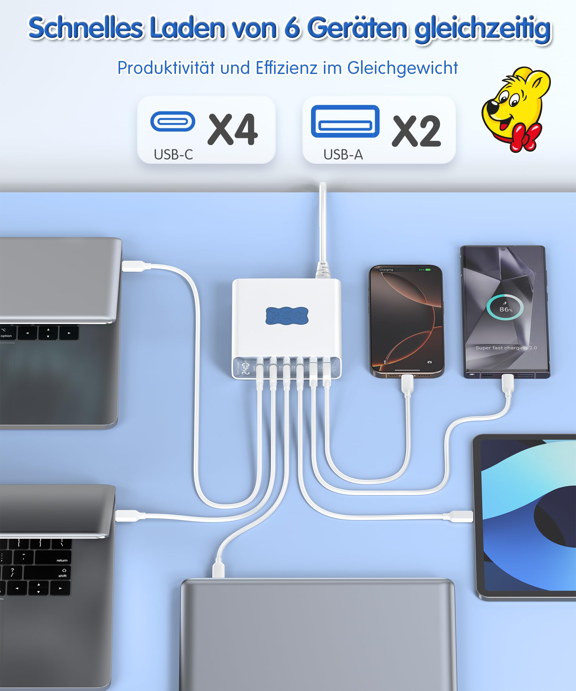 Haribo 240W USB C Ladegerät, 6-Port GaN Schnellladegerät USB-C Netzteil PD3.1 PPS für MacBook Pro/Air, für iPhone 17/16, iPad Pro, Galaxy S25/S24, für Dell XPS/Hp, Laptop ladegerät Geschenk, Blau 4