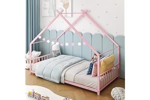 Karl home Twin Size Toddler Floor Bed, Metal Montessori Bed with Slats & Fence, Roof/House/Canopy Bed Frame for Girls, Boys, No Box Spring Needed, Pink