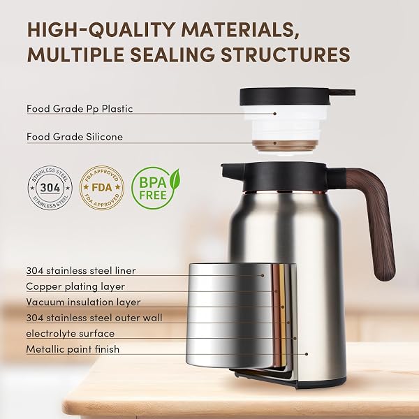VONDIOR COFFEE CARAFE 35OZ/1.0L – 24HOURS COFFEE THERMAL- INSULATED 304 STAINLESS STEEL HOT BEVERAGE DISPENSER – THERMAL COFFEE CARAFES FOR KEEPING HOT/COLD COFFEE, DRINK DISPENSER FOR PARTIES