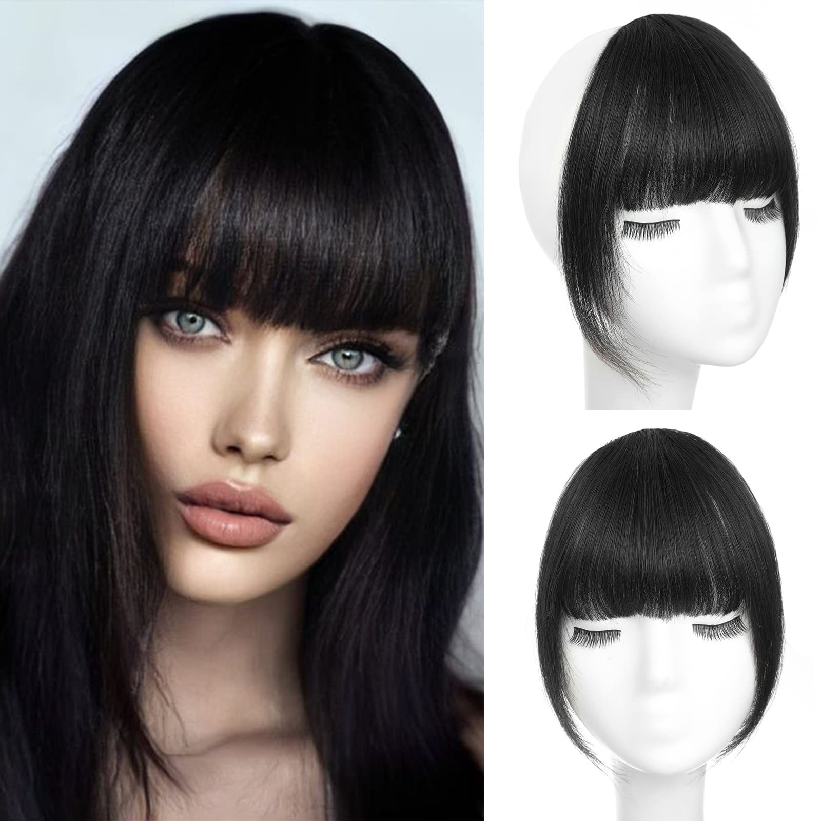 Photo 1 of WECAN Clip in Bangs 100% Human Hair Extensions Natural Black bangs Hair Clip Fringe with Temples Wigs for Women Curved Bangs for Daily Wear (L Natural Black)