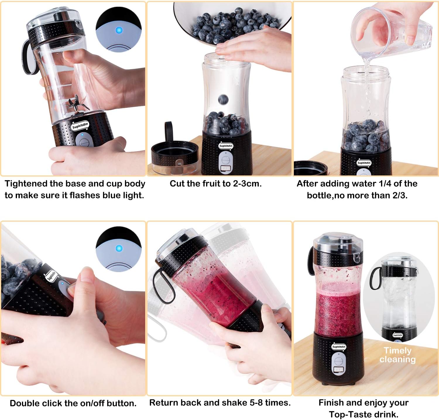 Supkitdin Portable Blender, Personal Mixer Fruit Rechargeable with USB, Mini Blender for Smoothie, Fruit Juice, Milk Shakes, 380ml, Six 3D Blades for Great Mixing (Black): Kitchen & Dining