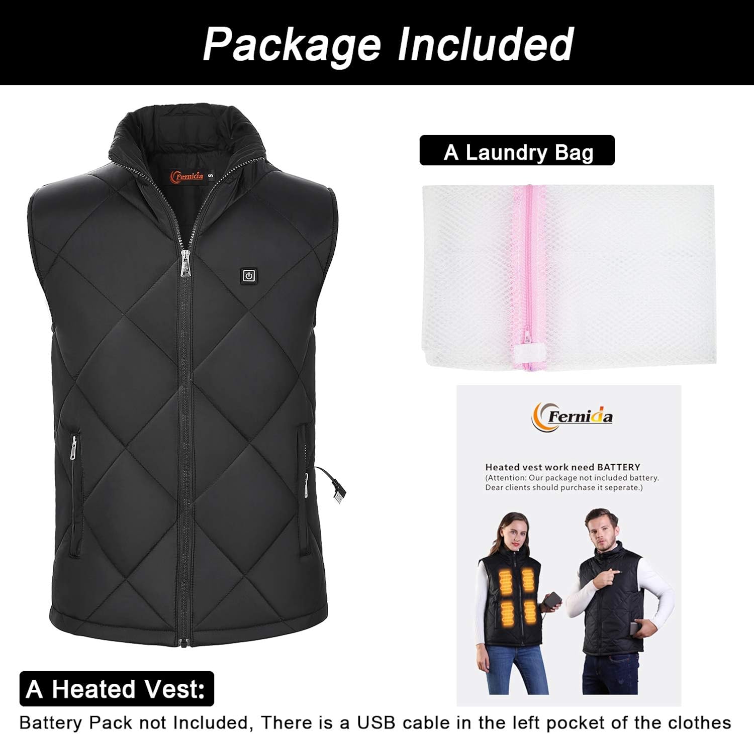 FERNIDA Heated Vest for Men Women USB Charging Electric Heating Vests Water Wind Resistant (Battery Pack not Included) at  Men’s Clothing store
