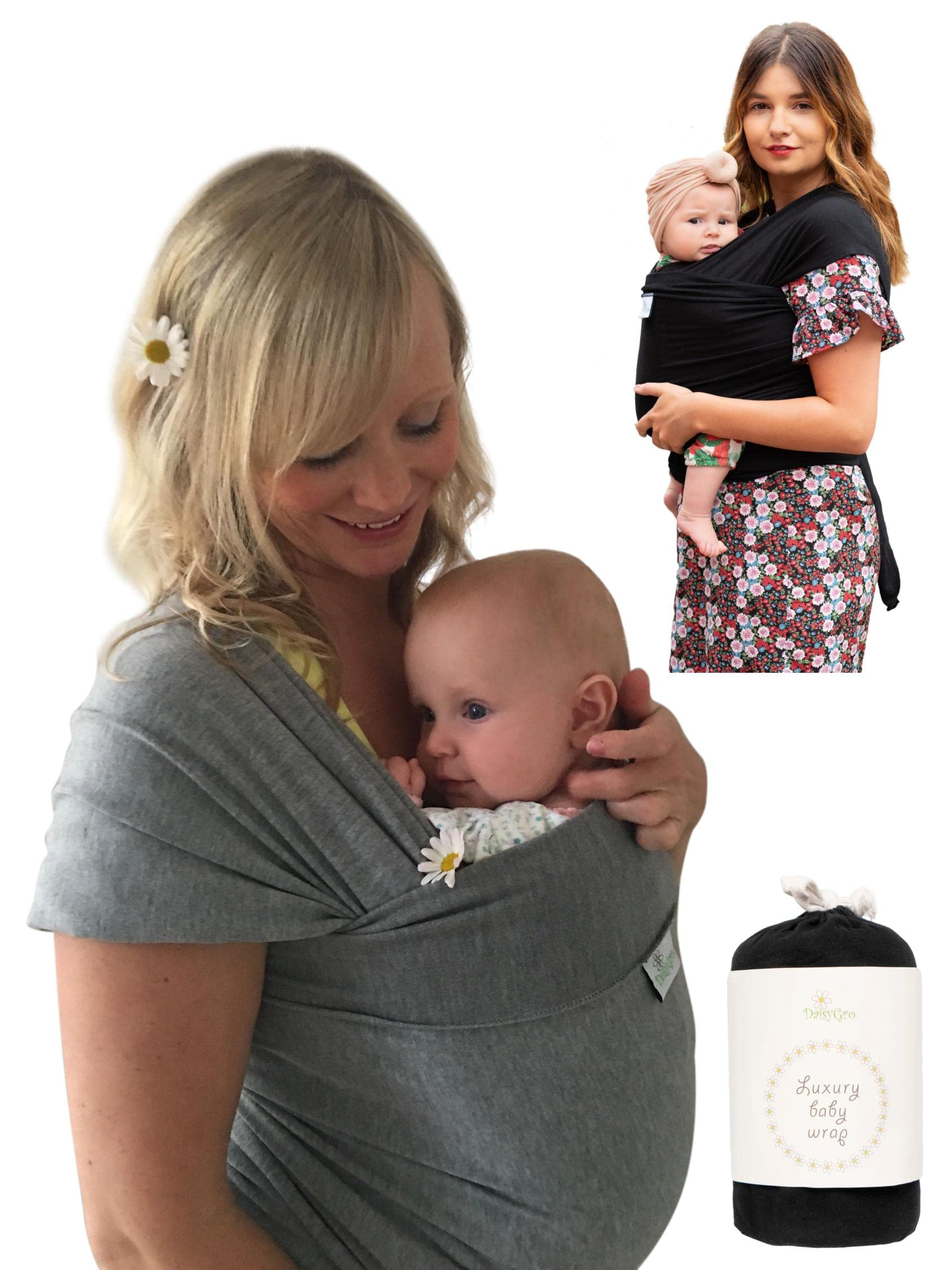 UK Brand - Baby Sling Carrier Wrap, Newborn to 35lbs, Organic Cotton, Small/Medium or Plus Size, Black or Grey, Safety Tested
