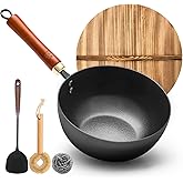 WANGYUANJI Carbon Steel Wok with Lid, 8.7" Small Mini Wok Pan, Thickened Heavy Duty Flat Bottom for Deep Frying, Camping & Solo Meals, Induction Ready, Seasoning Required, Traditional Pow Skillet