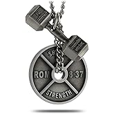 Shields of Strength Men's Christian Fitness Necklace with Romans 8:37 & Luke 1:37, Stainless Steel Dumbbell, 18-30" Chain, Faith Gift