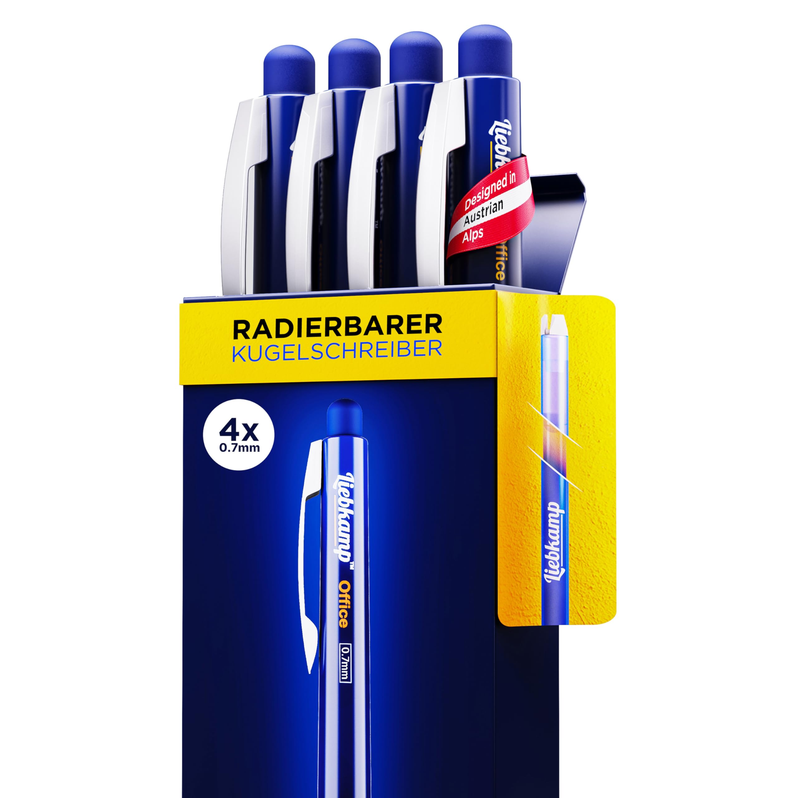 LIEBKAMP Office [4 Stk] radierbarer Kugelschreiber inkl. 0,7mm Mine | kratzt & schmiert nicht | Tintenroller radierbar | Radierstift | Gelstifte Radierbar | Erasable Pen | Gelschreiber Radierbar