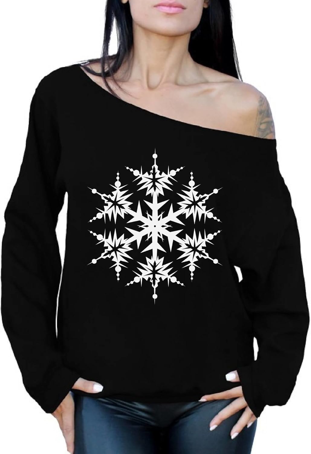 Snowflake Ugly Christmas Sweater for Women - Xmas Off Shoulder Sweatshirt at Amazon Womenâs 