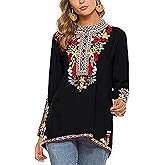 Women's V-Neck Bohemian Floral Embroidered Shirt Mexican Peasant Tops Long Sleeve Casual Loose Tunic Blouse