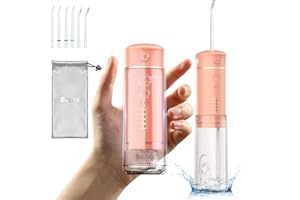 BEZVOI Water Flosser Mini Cordless Portable: 5 Modes Water Dental Floss with Telescopic Water Tank, 6 Tips, IPX7 Waterproof Oral Irrigator for Teeth Cleaning Gums,Orthodontic,Braces Dental Care (Peach Fuzz)