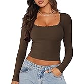 NODHUT Women's Long Sleeve Crop Top Sexy Square Neck Going Out Tops Cute Ribbed Knit Bow Knot Lace Patchwork T Shirts