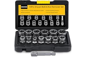 GRLCOOD Bolt Extractor Kit, 14 PCS Impact Bolt & Nut Remover Set with 3/8 Inch Adapter, Upgrade Stripped Bolt Extractor Socket Set with Portable Tool Box, Easy Out for Rusted, Damaged, Round Bolt Nuts Screws