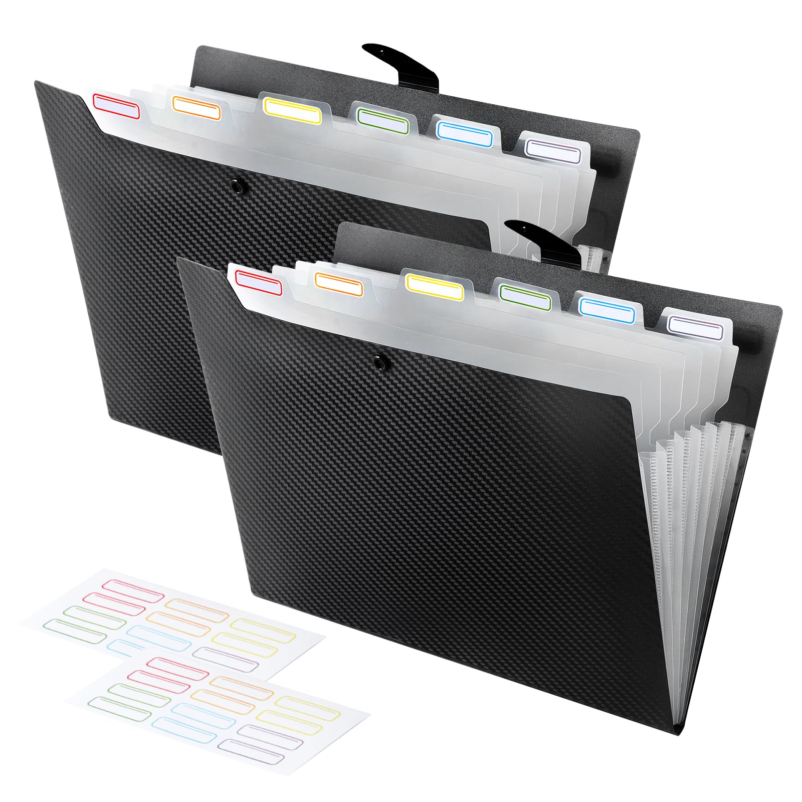 FRETONBA Accordion File Organiser 2 Pcs, Expanding Box File with 7 Pockets, Plastic Document Folders for Paperwork A4 with Lid and Labels, Organiser Storage for Home, Office, School, Black