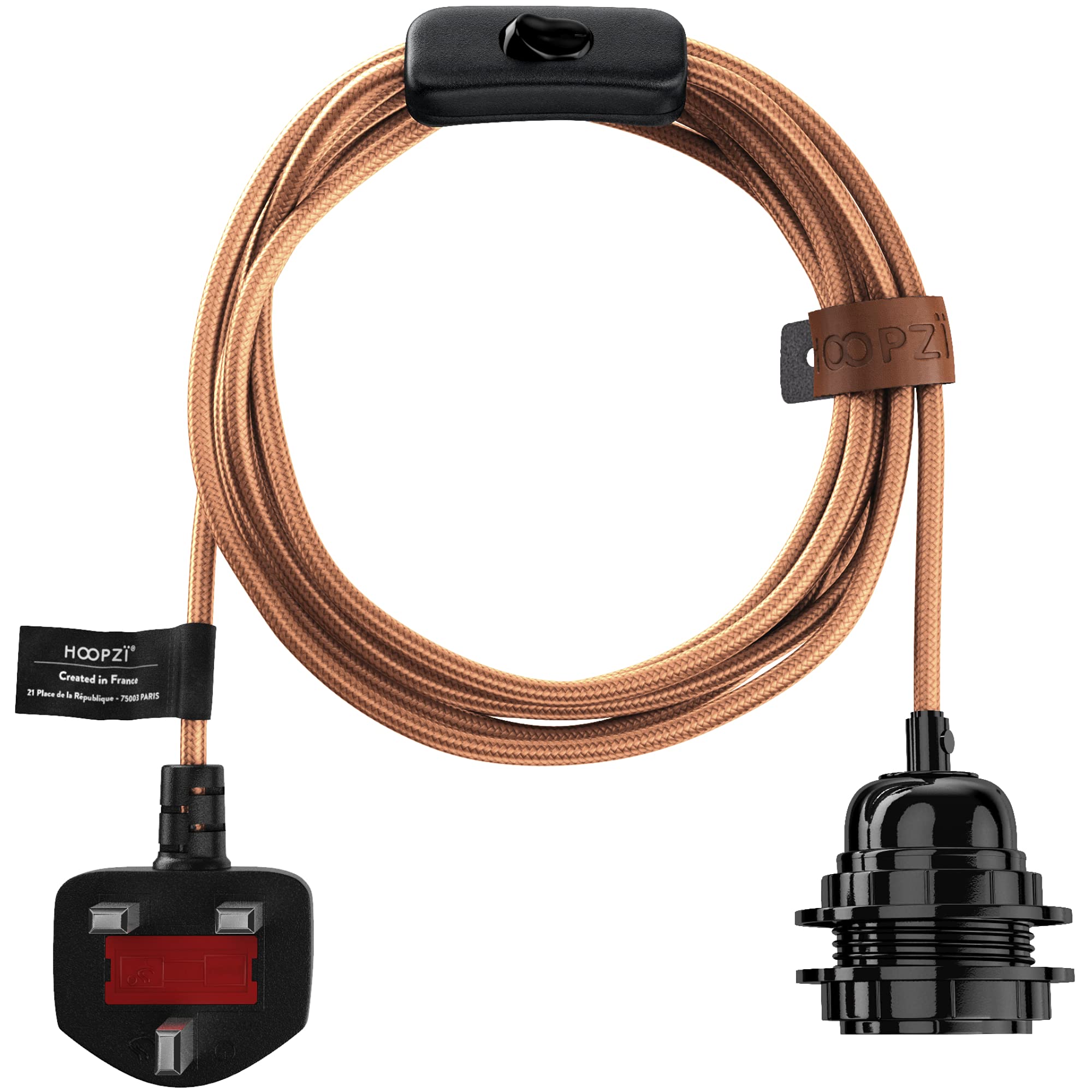 Hoopzi - Plug in Pendant Light to Light Up Your Home - 4.5M Fabric Electrical Cable - E27 Bulb Holder with Switch - Create Your Own Pendant Light, Portable Lamp, Hanging Lamp - BalaCopper