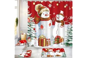 Ruikyhom Christmas Bathroom Sets with Shower Curtain and Rugs 4 Pcs, Xmas Bathroom Decor Sets, Christmas Shower Curtain Set with Rugs(Bath Mat,U Shape,Toilet Lid Cover) and Hooks, Snowman(Red)