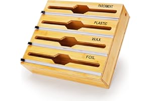 FUBEGI Foil and Plastic Wrap Organizer, 4 in 1 Stretch Film Dispenser with Cutter for 12'' Rolls, Storage for Parchment, Wax Paper, Bamboo Roll Organizer Holder for Kitchen Drawer