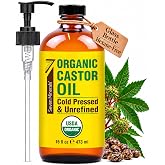 Seven Minerals USDA Organic Castor Oil - Big 16 oz Glass Bottle with Pump - 100% Pure Cold Pressed Unrefined Hexane Free - for Hair Growth, Eyelashes, Eyebrows, Skin, Cuticles &amp; Caster Oil Packs