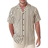 JEMITOP Men's Classic Striped Seersucker Cuban Collar Shirt Short Sleeve Button Down Texture Shirts for Beach Vacation