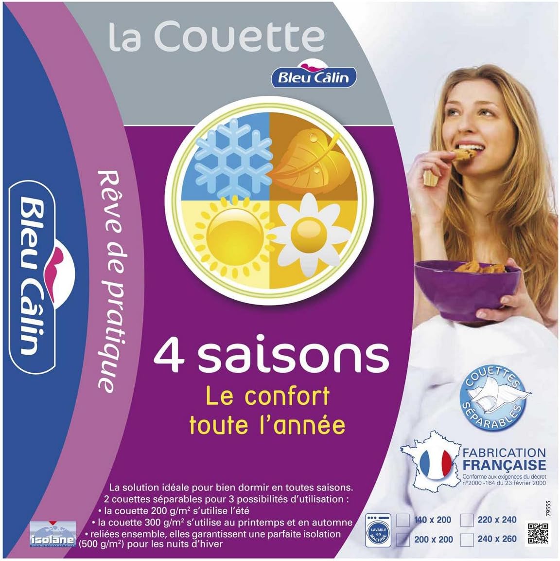 Bleu Câlin Couette 4 Saisons 2 Personnes, 3 Couettes en 1 ...