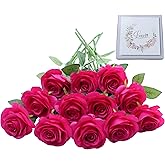 LVEFIT Artificial Rose Flower Artificial Flowers Flower with Long Stem Silk Roses Bouquet for Wedding Bridal Shower Party Home Decoration (Hot Pink, 12 Pcs)