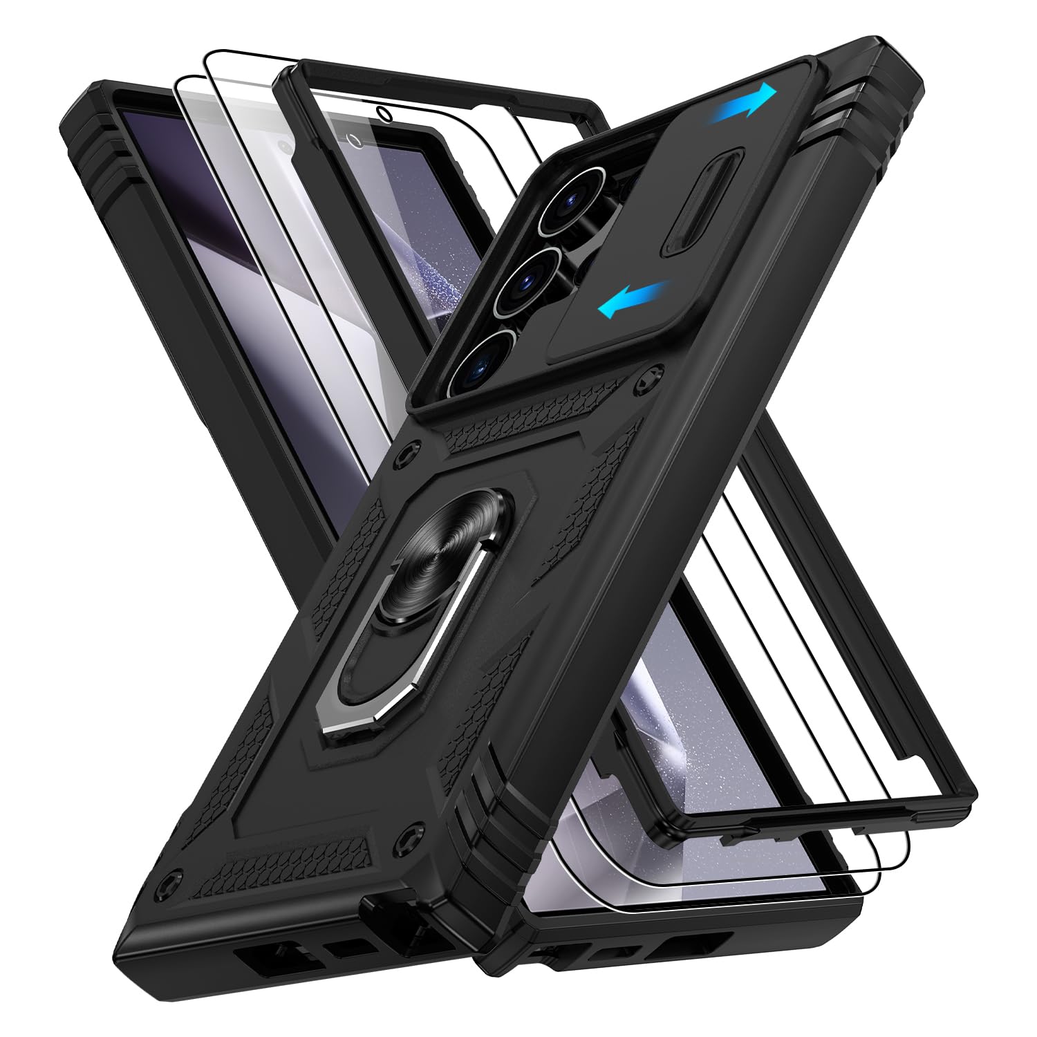Photo 1 of Fit for Samsung Galaxy S24 Ultra Phone Case with Screen Protector*2, Build in 360° Rotating Ring Kickstand, Military Grade Protective Case for Samsung S24 Ultra Phone, Black