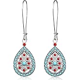 NUNAGIN Retro Bohemian Style Hollowed Out Droplet Shaped Alloy Dangle Drop Earrings Creative Ethnic Style Colored Collision Bead Dangle Drop Earrings for Women Jewelry Gifts