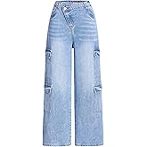 Zekujoy Girls Jeans Wide Leg Cargo Denim Pants with Flap Pockets Asymmetrical Waist Baggy Casual Y2K Outfit 7-14 Years