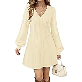 VAFOLY Womens V Neck Long Sleeve Cable Knit Fall Dresses Elegant Babydoll Sweater Dress