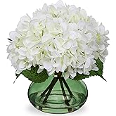 Hollyone White Hydrangeas Floral Arrangement in Glass Vase Artificial Flowers with Vase with Faux Water Silk Faux Flowers Fake Floral Bulk Bouquet for Home Decor Table Centerpiece Decorations