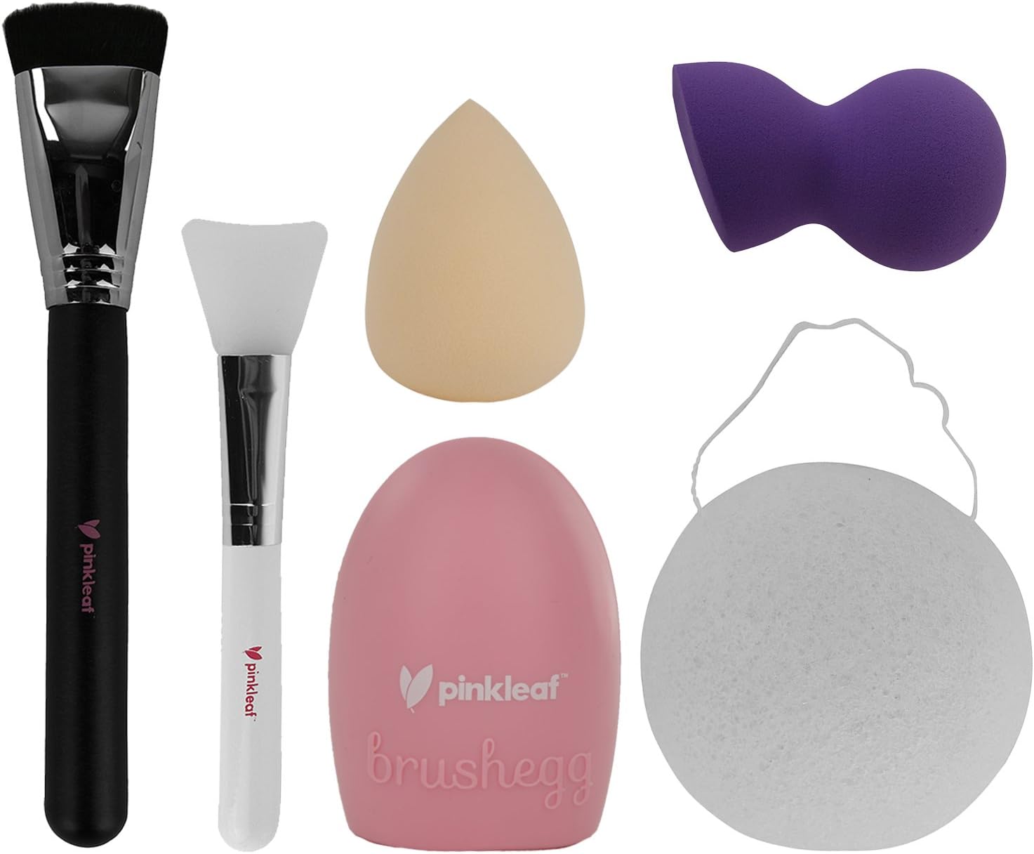 Pinkleaf Makeup Foundation/Blush Brush, Silicone Face Mask Brush, Makeup Brush Finger Cleaning Tools, Konjac Facial Sponge, Bell Shape Sponge, Water-drop Shape Sponge. 6 Piece Set.