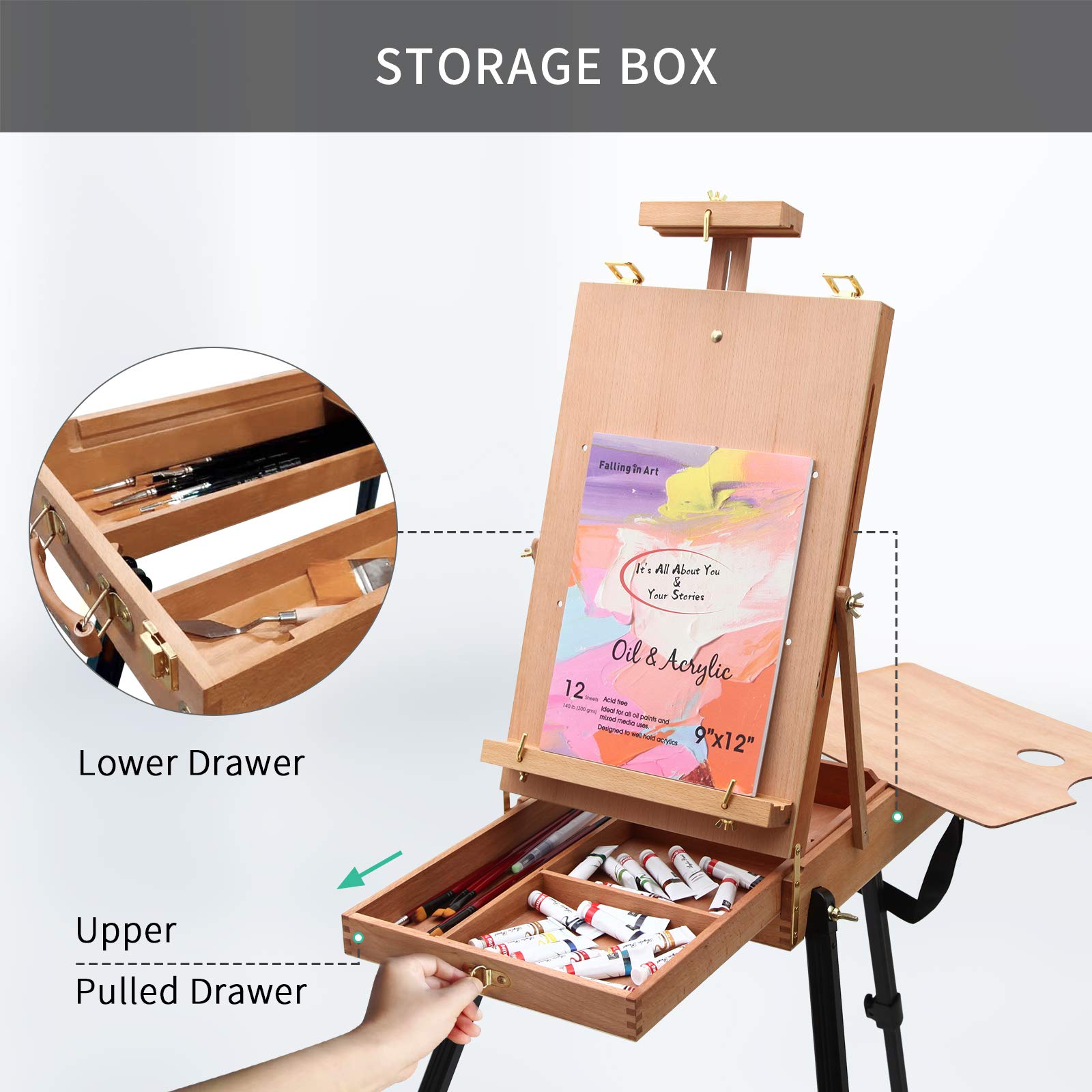 Falling in Art Light Weight French Style Field and Sketchebox Easel with Aluminum Tripod, Adjustable Beechwood Tripod Standing Easel with Drawer, Palette