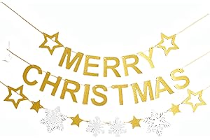 Merry Christmas Banner Retro Glitter Garland with Stars Snowflakes, Gold Silver Paper Decor for Home Wall Party
