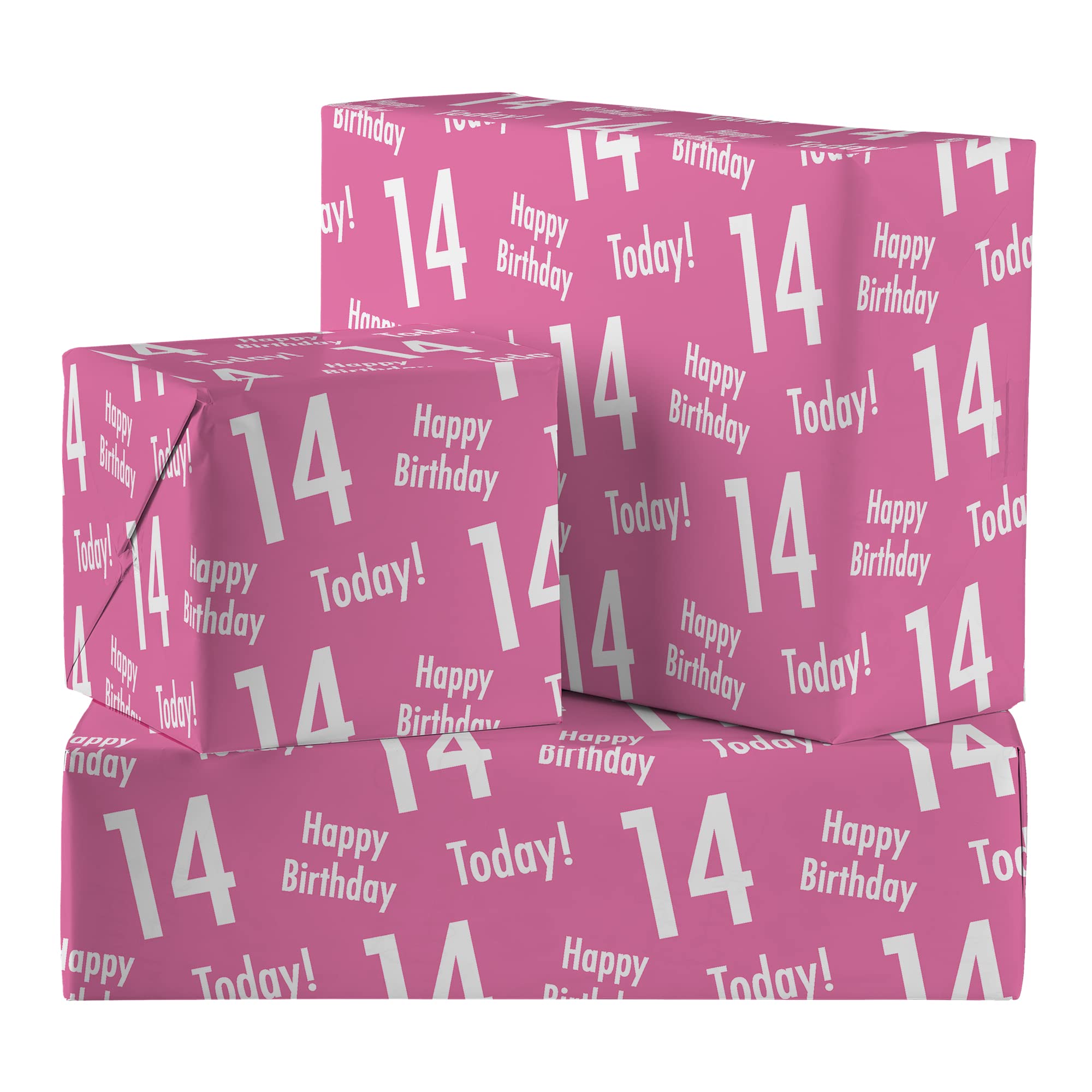 Hunts England - 2 Sheets Of 14th Birthday Pink Luxury Wrapping Paper For Girl - Includes 2 Gift Tags - Age 14 Female Folded Gift Wrap - Urban Colour Collection - Age Fourteen Gift Wrap For Girls