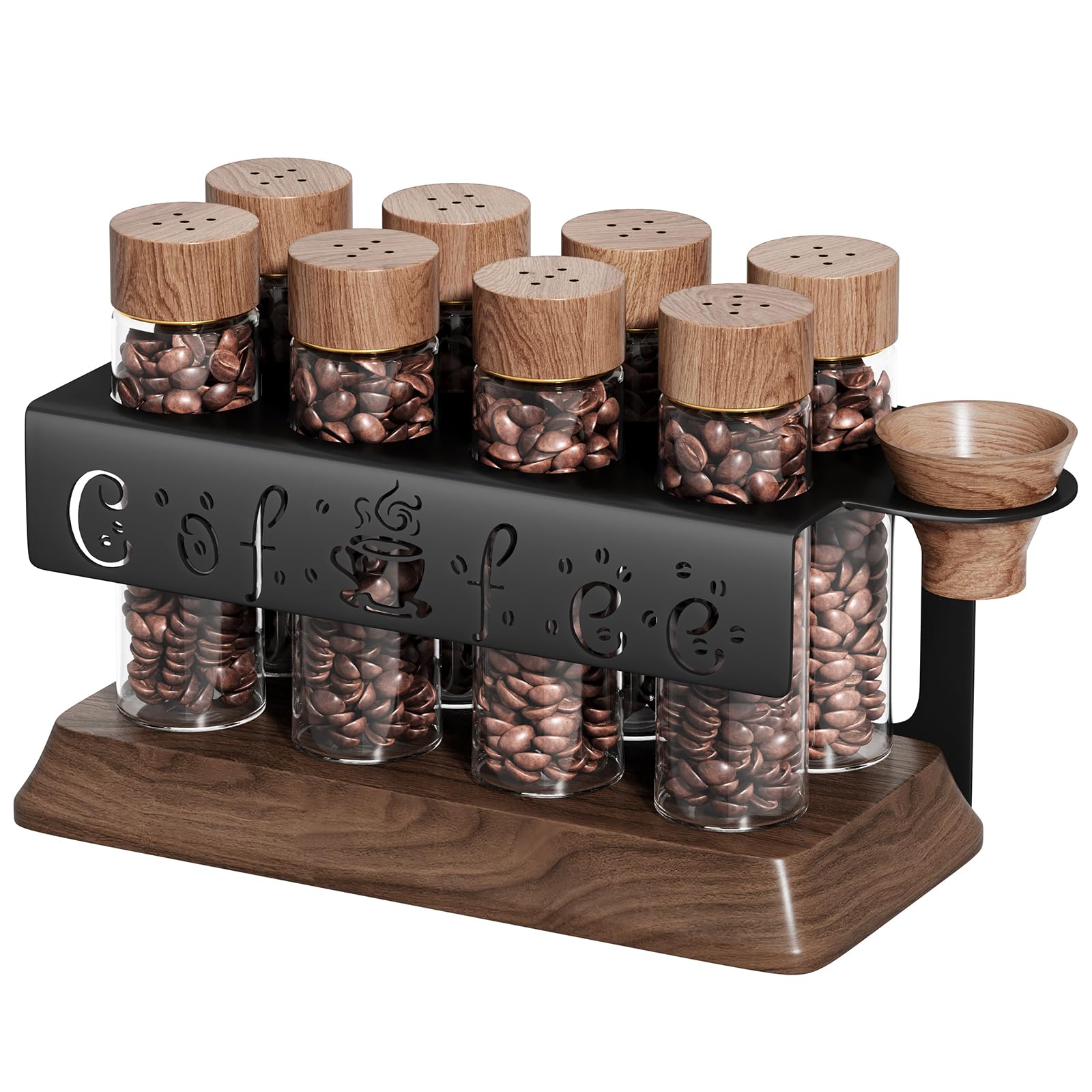 Photo 1 of Gernshe Single Dose Coffee Bean Storage Tubes with One-Way Exhaust Valve,Coffee Bean Container with American Walnut Wood Base,Funnel and Lids,Espresso Bean Storage with 8Pcs Glass Tubes