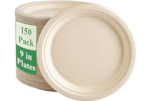 Vplus 150 Pack Paper Plates 9 inch 100% Compostable, Heavy-Duty Disposable Paper Plates Bagasse Natural Biodegradable Eco-Friendly Sugarcane