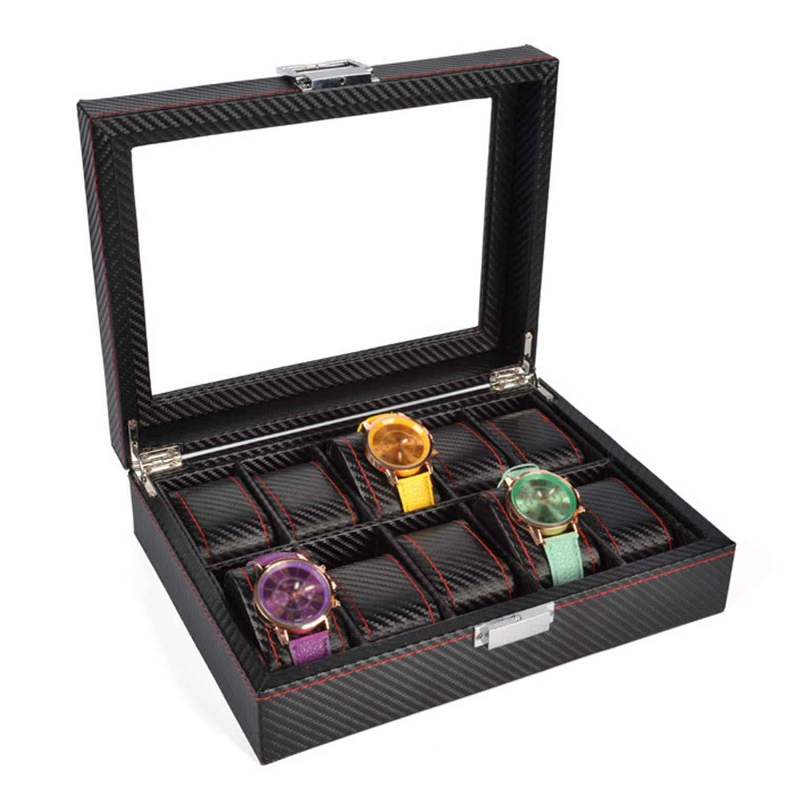 Watch Storage Box Watch Display Holder Case Leather Carbon Fiber Jewelry Bracelet Collection Organiser with Glass Lid (10 Slots)