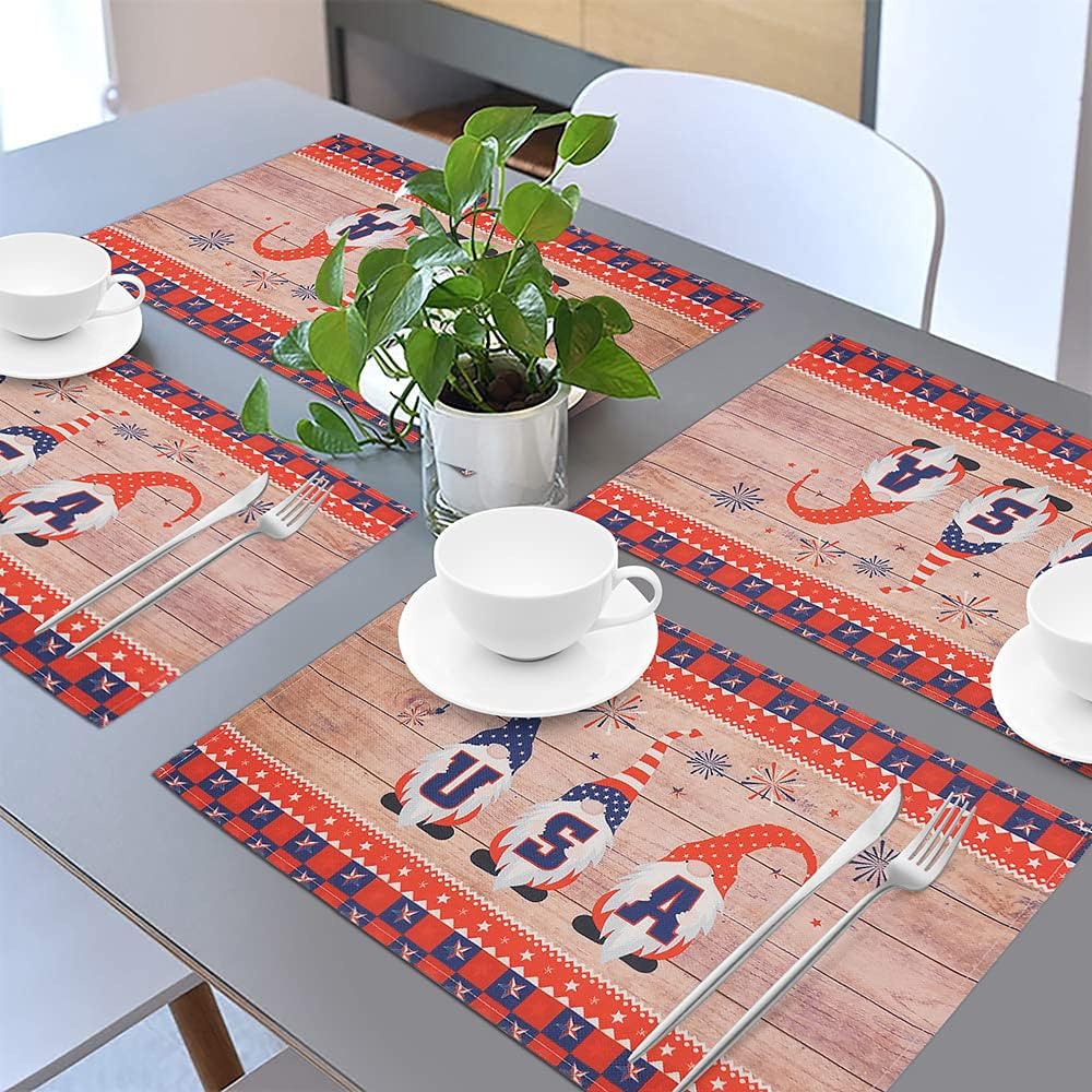 4th of July Cotton Linen Placemats for Dining Table, Washable Heat Resistant Star Patriotic Gnome Table Mats Set of 4, Red Blue White Decorations for Home Kitchen Indoor Independence Day by WEHVKEI: Kitchen & Dining