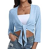 PrinStory Women's Tie Front Shrug 3/4 Sleeve Bolero Cardigan Lightweight Summer Casual Short Shawl Top S-4XL