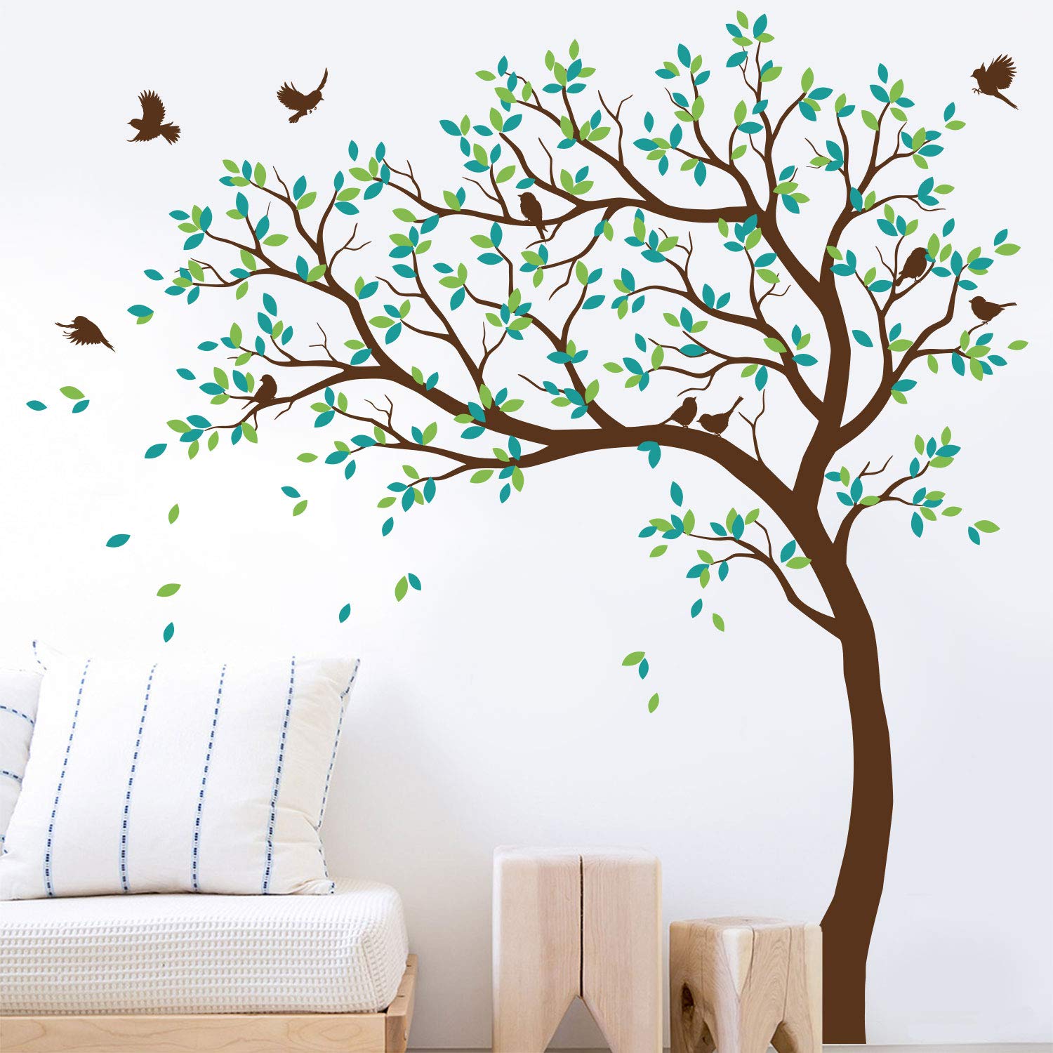 Large Tree Wall Decals Wall Tattoo Large Nursery Tree Decals Wall Mural Removable Vinyl Wall Sticker (Leaning Left, Brown, Lime-Tree Green, Turquoise)