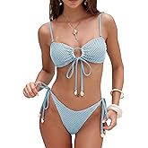 ZAFUL Women's Bandeau Bikini Set O Ring Fishnet String Swimsuit Seashell Tie Side Two Piece Bathing Suits