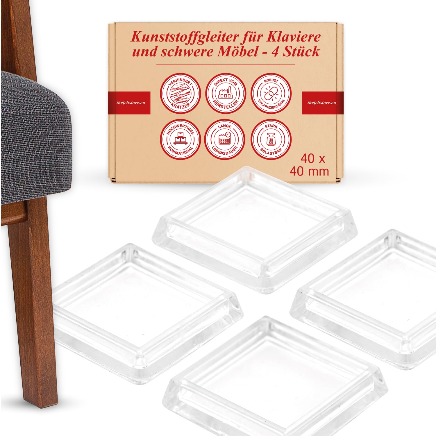 K.D.J. Brand Castor cup, Plastic Furniture Pads, Furniture glides, water clear, crystal clear, 40 x 40 mm - 4 Pieces, as floor protector for case legs, table legs, chair legs - Made in Germany