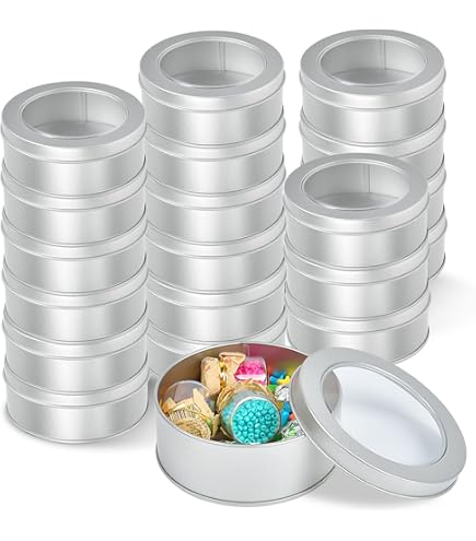 thumbnail image 2 of Foraineam 40-Pack Small Round Tin Cans – 2 Oz Silver Aluminum Containers With Clear Lids For Storage 2 of 11