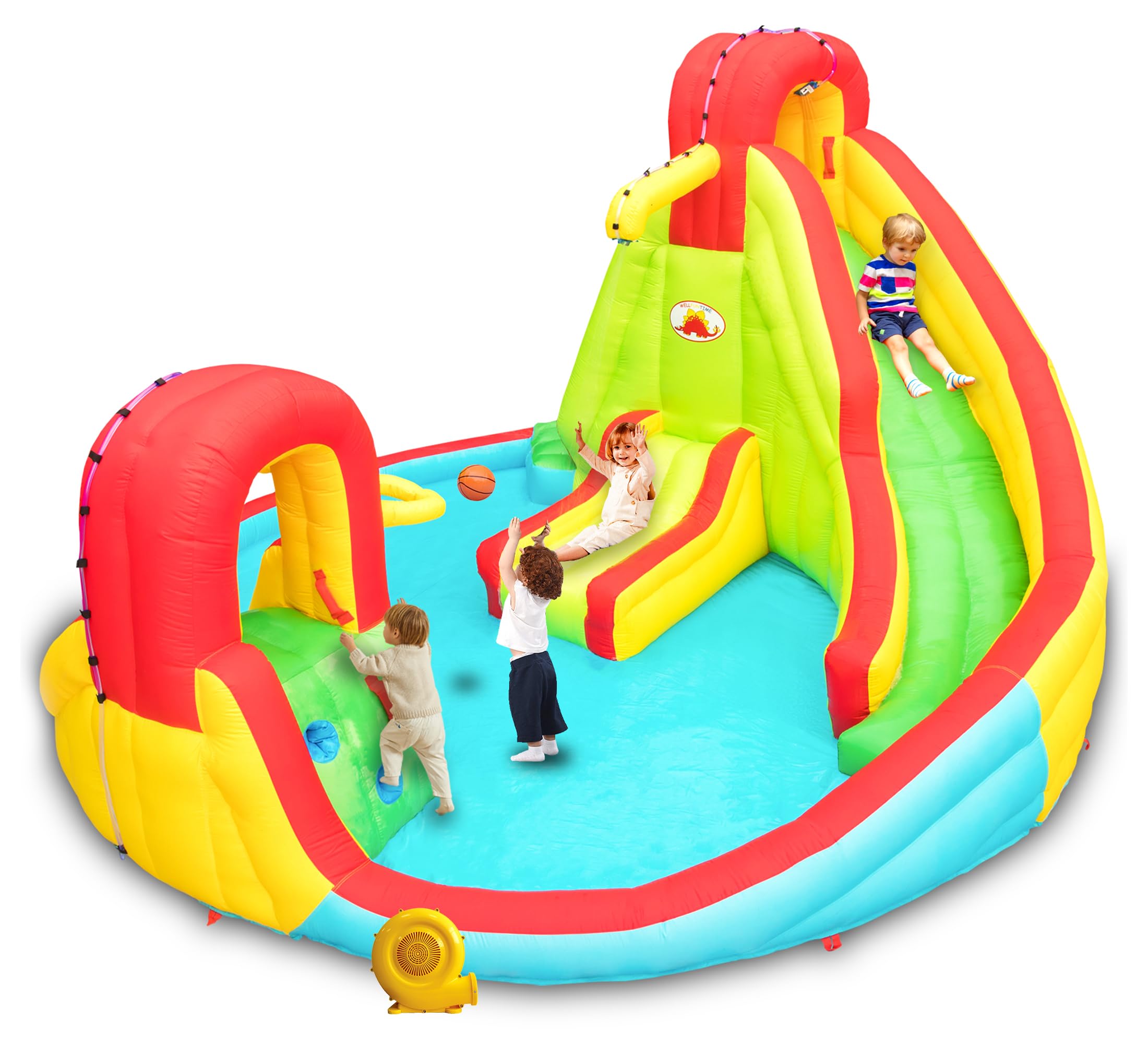 Photo 1 of (missing hose for water function) Heavy Inflatable Water Slide Park, Double Slide Climbing Wall Fountain for Outdoors, Equipped with Air Blower